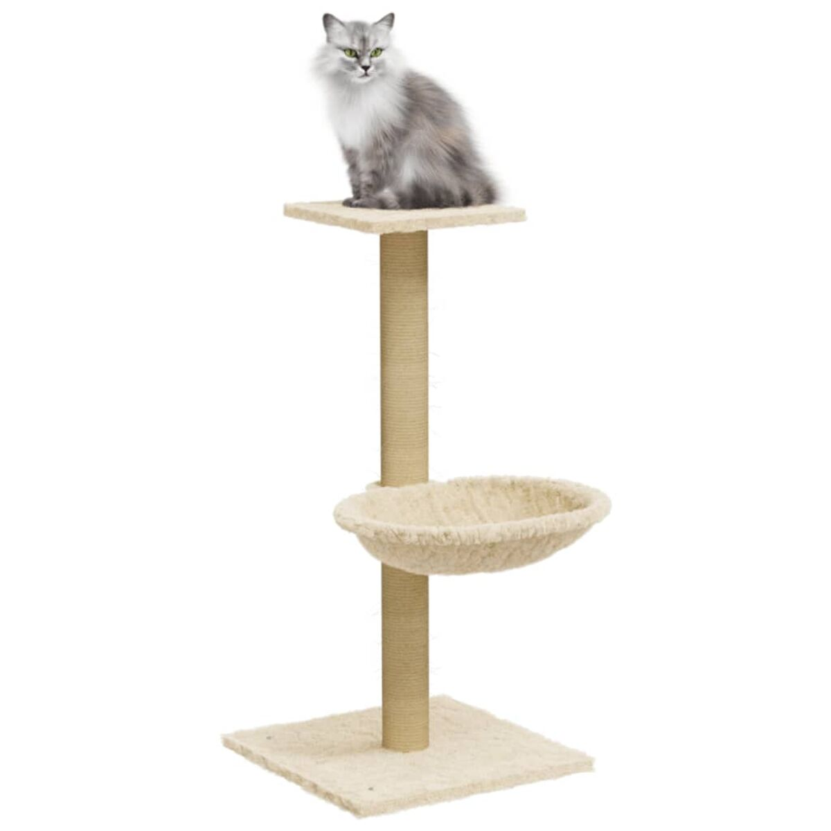Eine grau-weiße Katze sitzt auf einem beigen Kratzbaum.