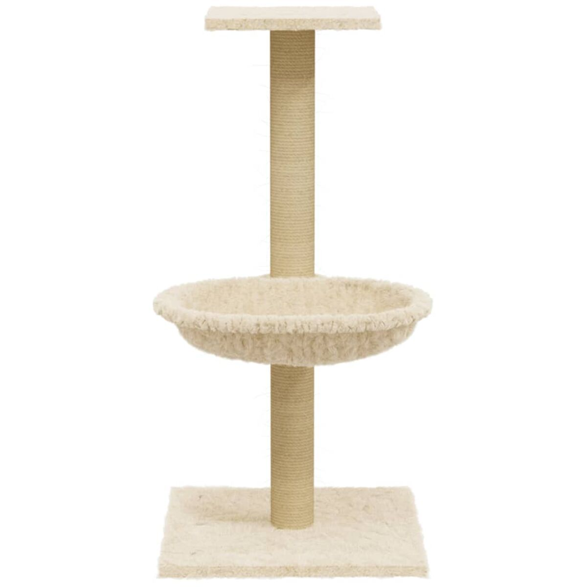Ein beiger Katzenbaum mit Kratzbaum, schalenförmigem Bett und quadratischer Basis.