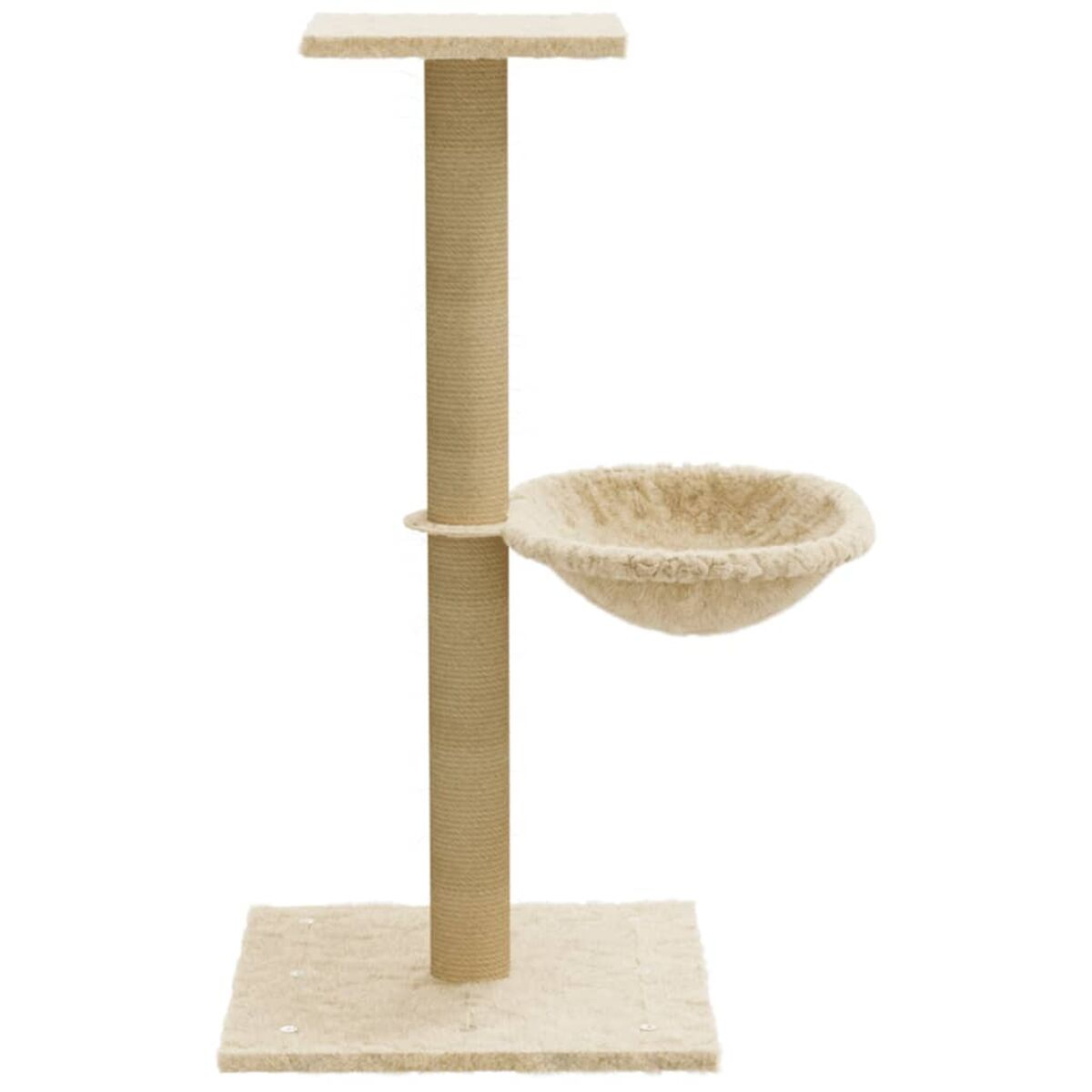 Beiger Kratzbaum mit Plattform und schalenförmigem Bett, alles auf weißem Hintergrund.