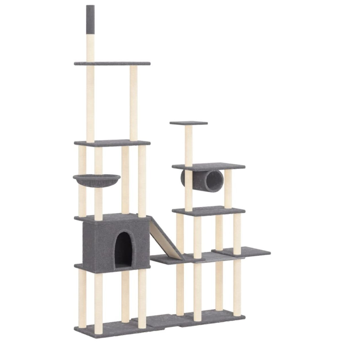Ein Katzenturm mit mehreren Plattformen, einem Katzenhaus, einem Tunnel und einer Rampe. Beige Pfosten und graue Plattformen.