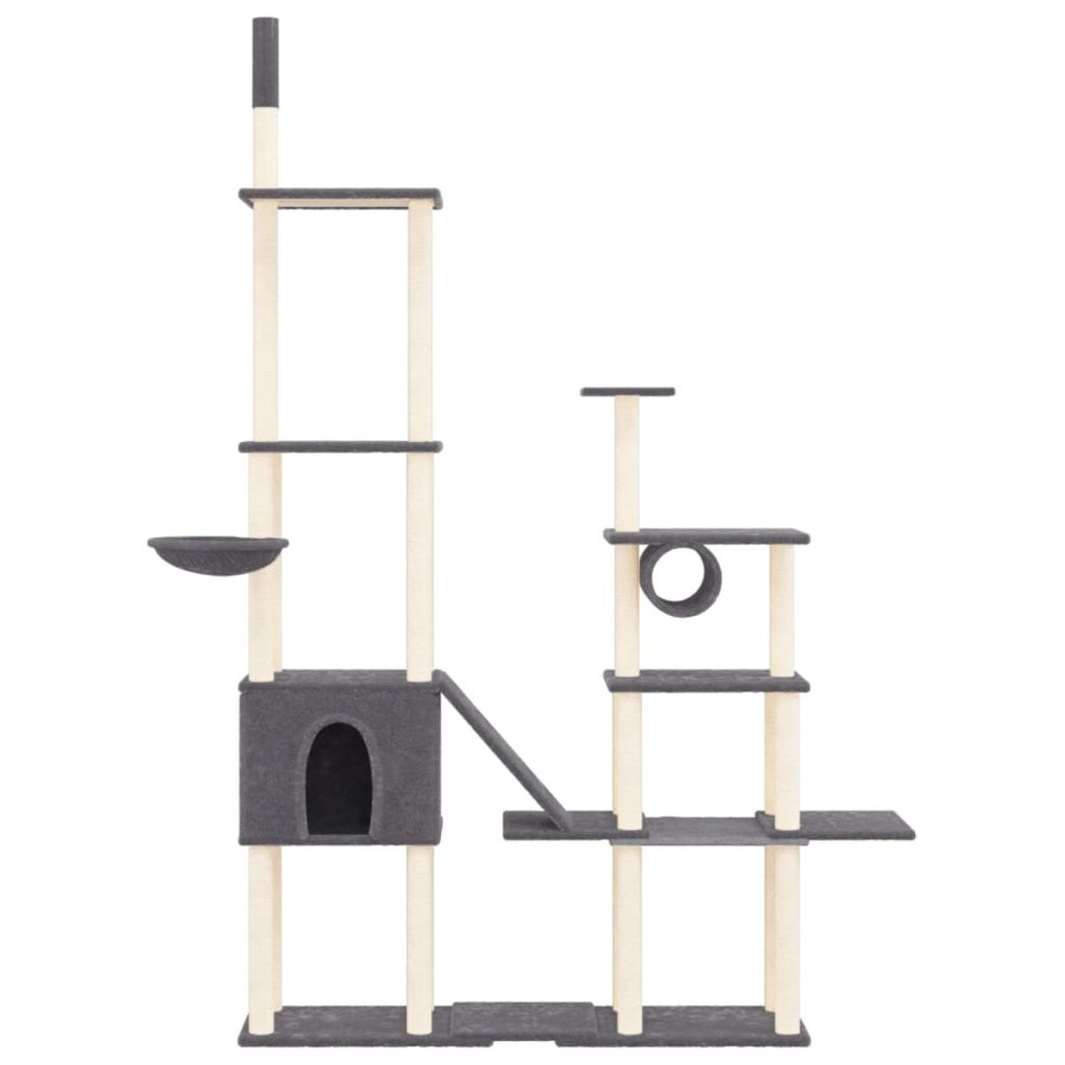 Großer Katzenturm in Grau und Beige mit mehreren Ebenen, Pfosten und Plattformen, weißer Rück.
