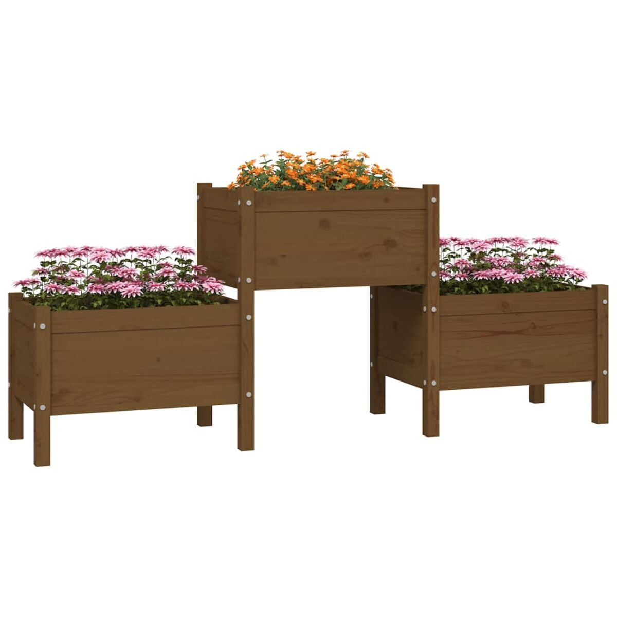 Drei braune, erhöhte Gartenbeete aus Holz mit bunten Blumen.