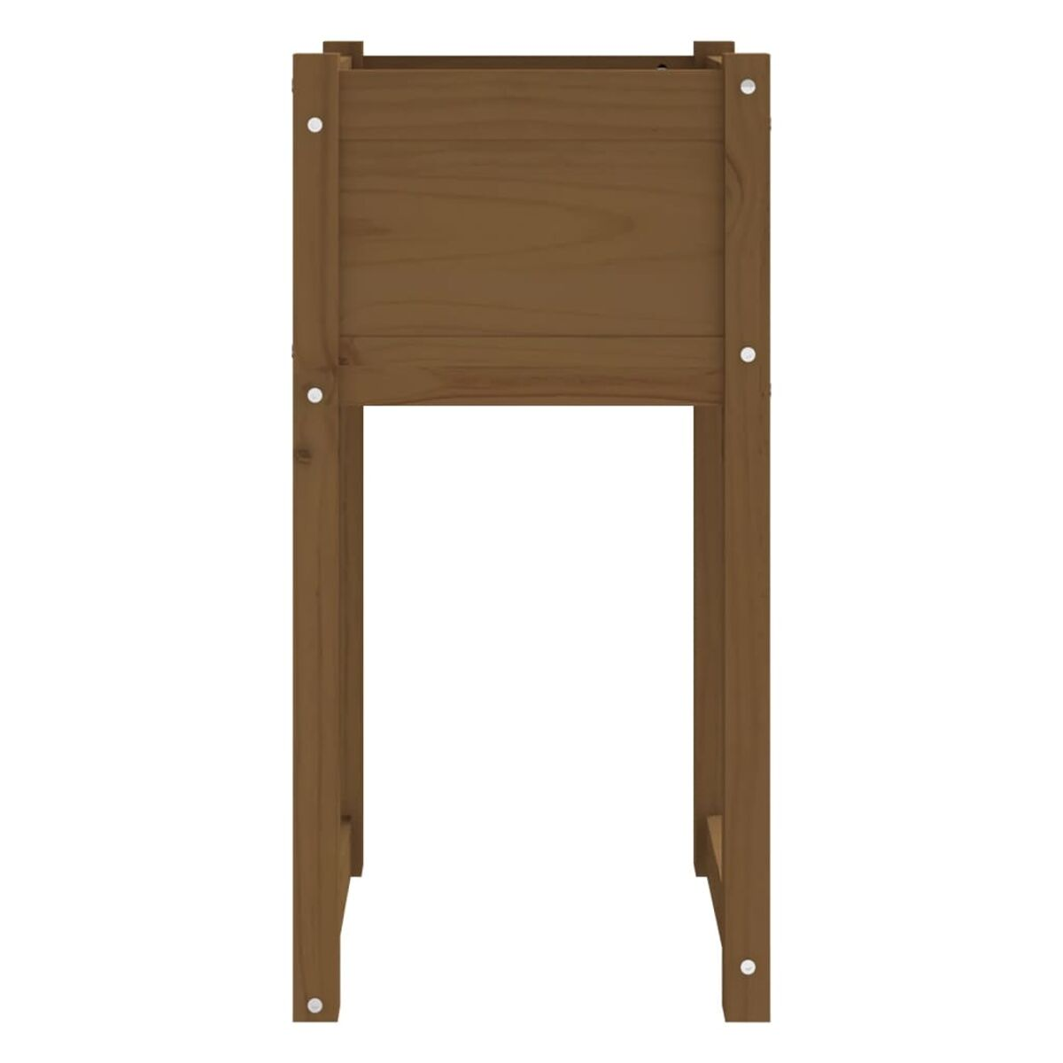 Holzfarbener, brauner Schrank mit offener Front und vier Beinen. Die Oberseite ist geschlossen.