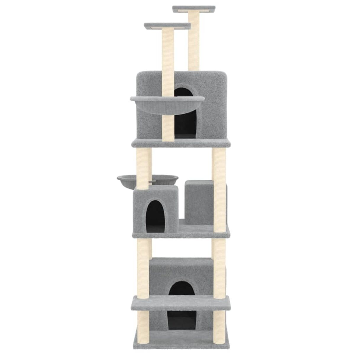 Ein hoher Katzenturm mit mehreren Ebenen, grauem Teppich und beigen Stützpfosten, weißer Hintergrund.