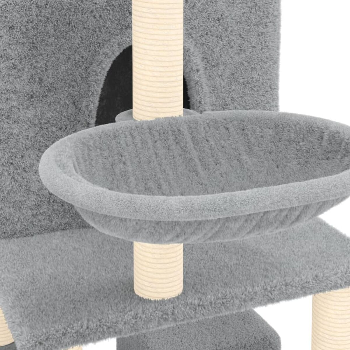 Katzenbaum mit grauem Teppich. Ein abgerundetes Katzenbett befindet sich auf der oberen Ebene.
