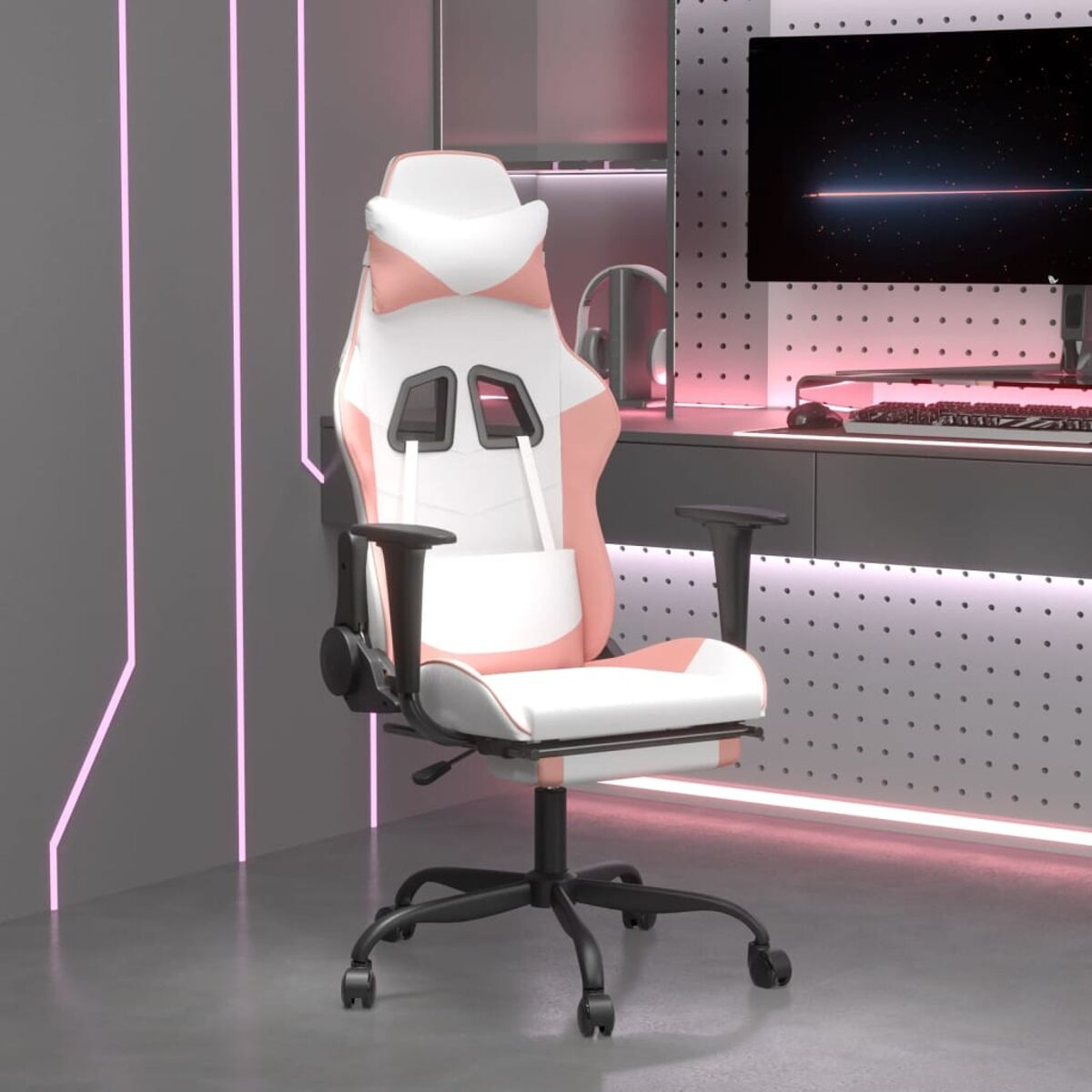 Ein pink-weißer Gaming-Stuhl in einem Gaming-Setup mit Monitor und Neonlichtern.