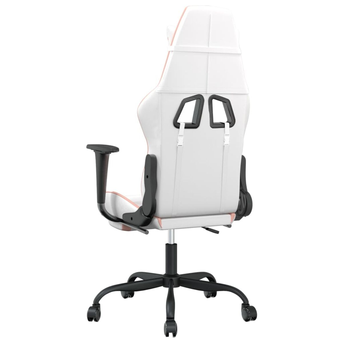 Weißer und rosa Gaming-Stuhl von hinten. Schwarze Basis mit Rädern und Armlehnen.