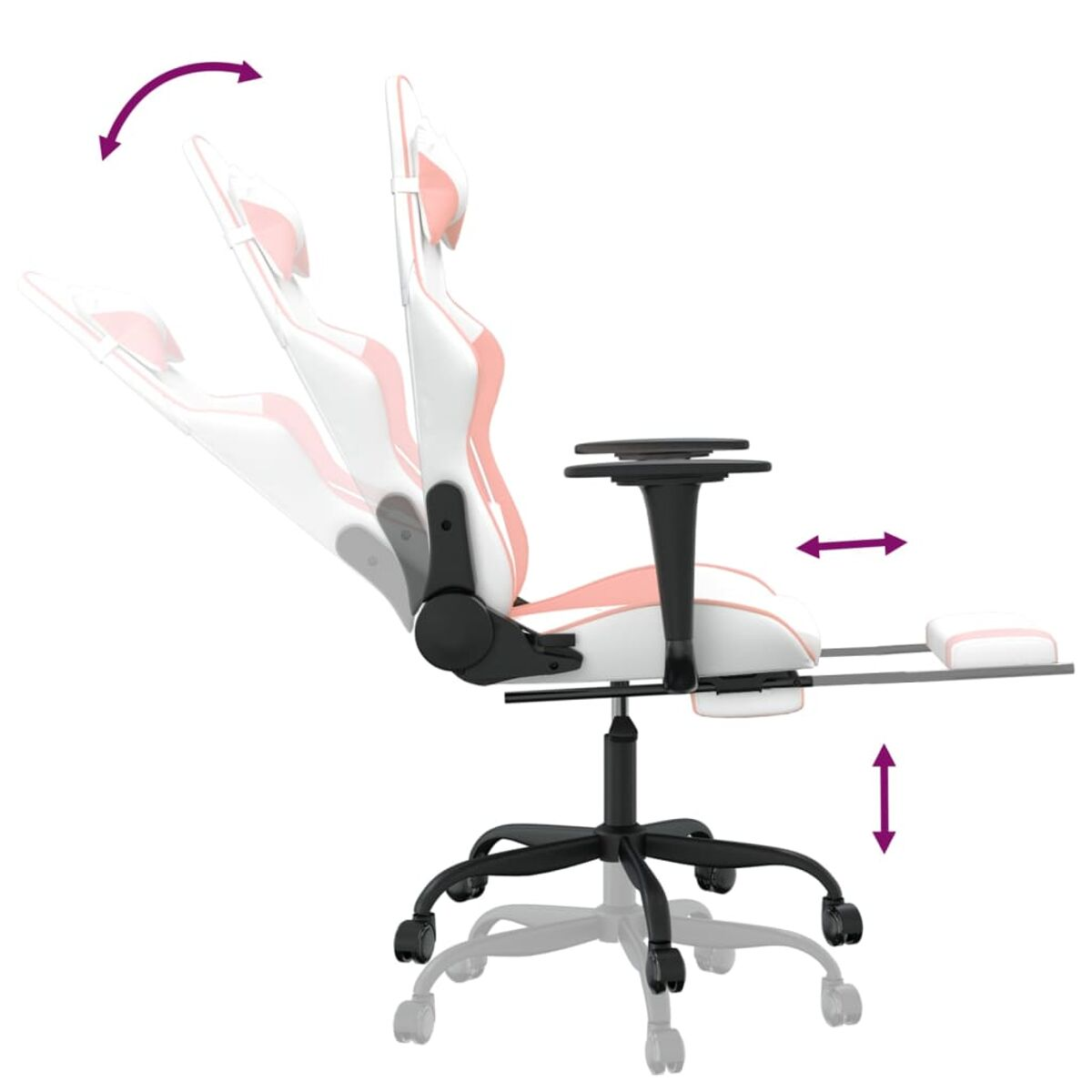 Gaming-Stuhl in Pink und Weiß, mit Pfeilen, die verstellbare Funktionen zeigen.