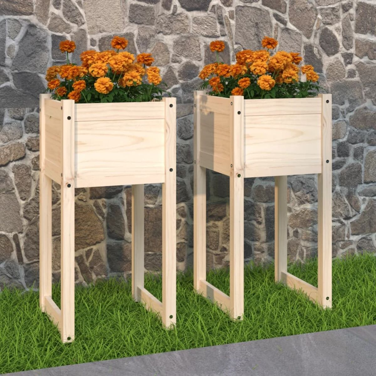 Zwei erhöhte Gartenbeete aus Holz mit orangefarbenen Blumen auf grünem Gras und einer Steinmauer.