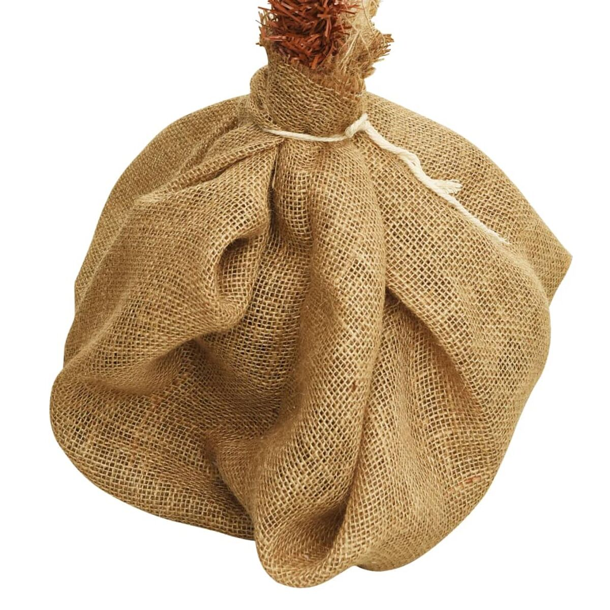 Ein gebundener Jutesack. Der Sack ist braun und mit einem weißen Faden verknotet.