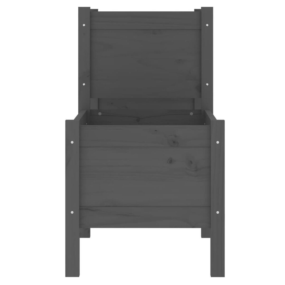 Ein grauer Holzstuhl. Er hat eine Rückenlehne und eine quadratische Sitzfläche.