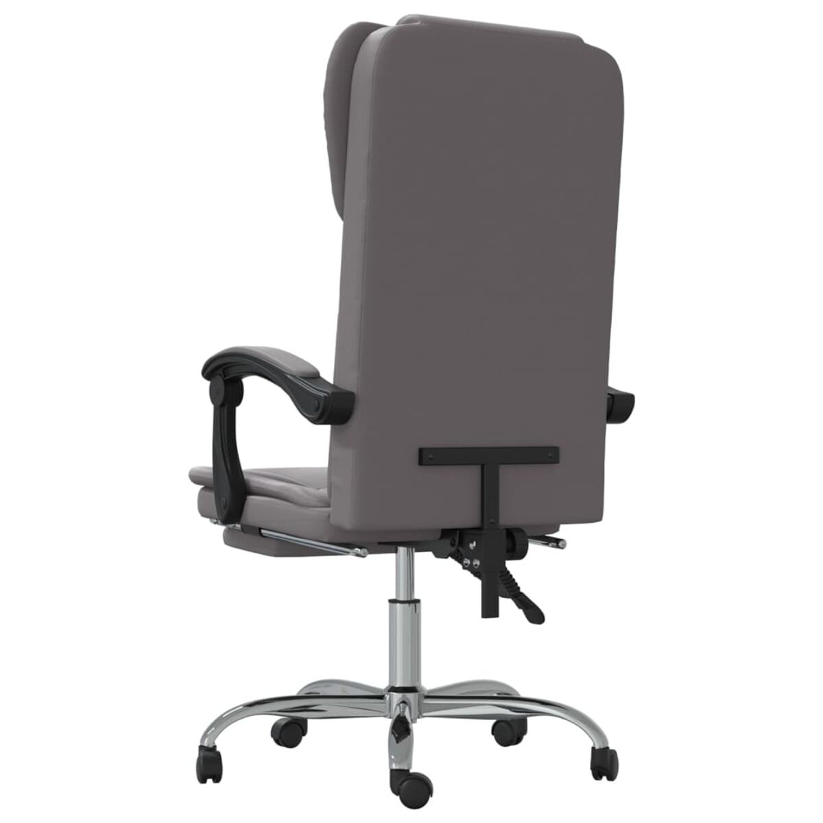 Grauer Bürostuhl, Rückansicht. Merkmale: hohe Rückenlehne, schwarze Armlehnen und Chrom-Fünf-Rad-Gestell.