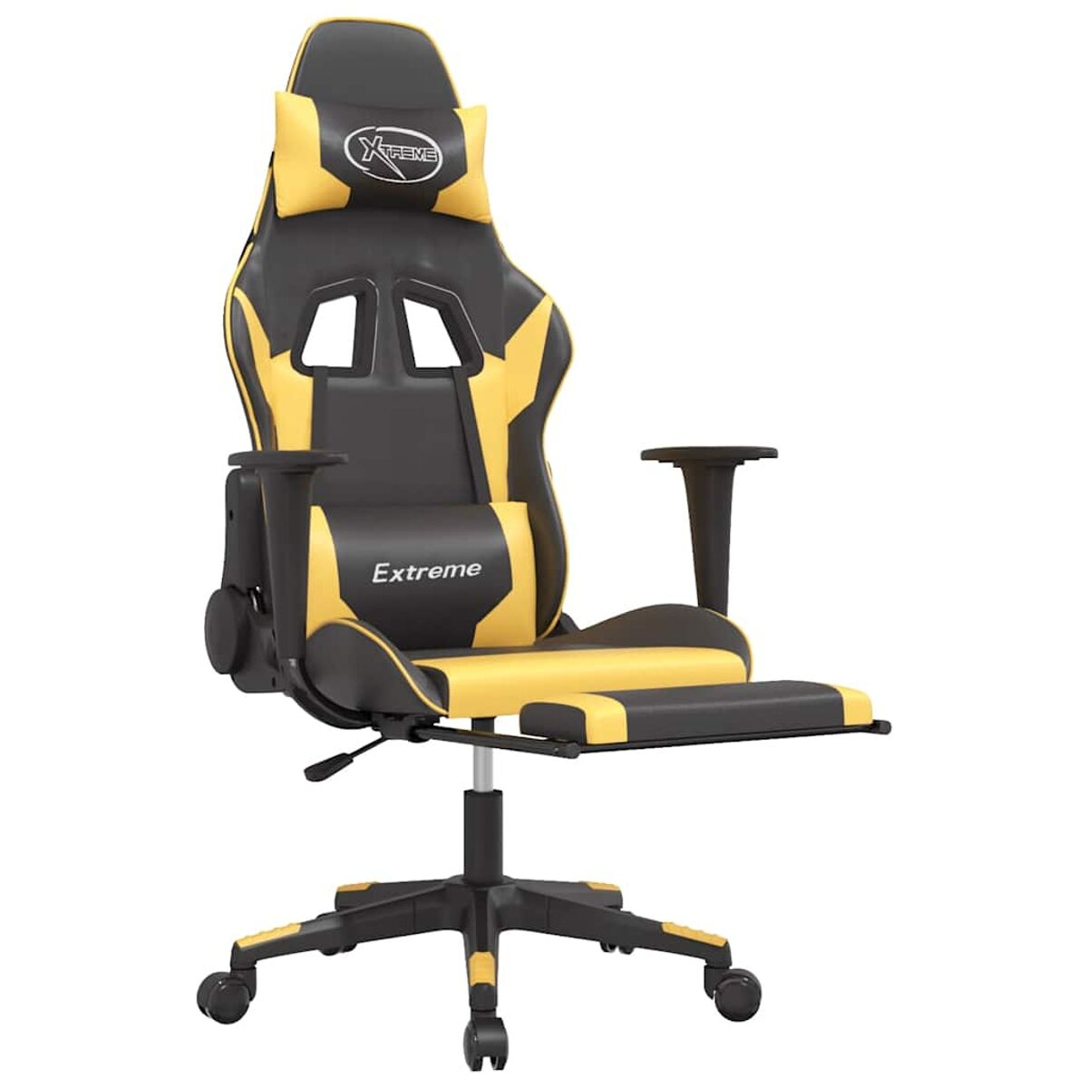 Gaming-Stuhl, schwarz und gelb, mit Kopfstütze und Lendenwirbelstütze. Es hat eine Fußstütze.