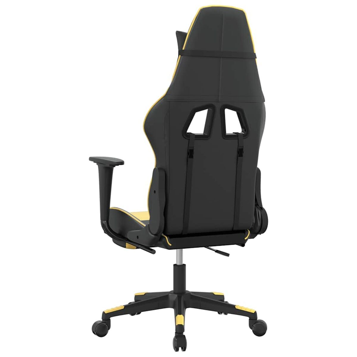 Gaming-Stuhl, Rückansicht. Schwarz-gelbe Farben, mit Rollen und Armlehnen.