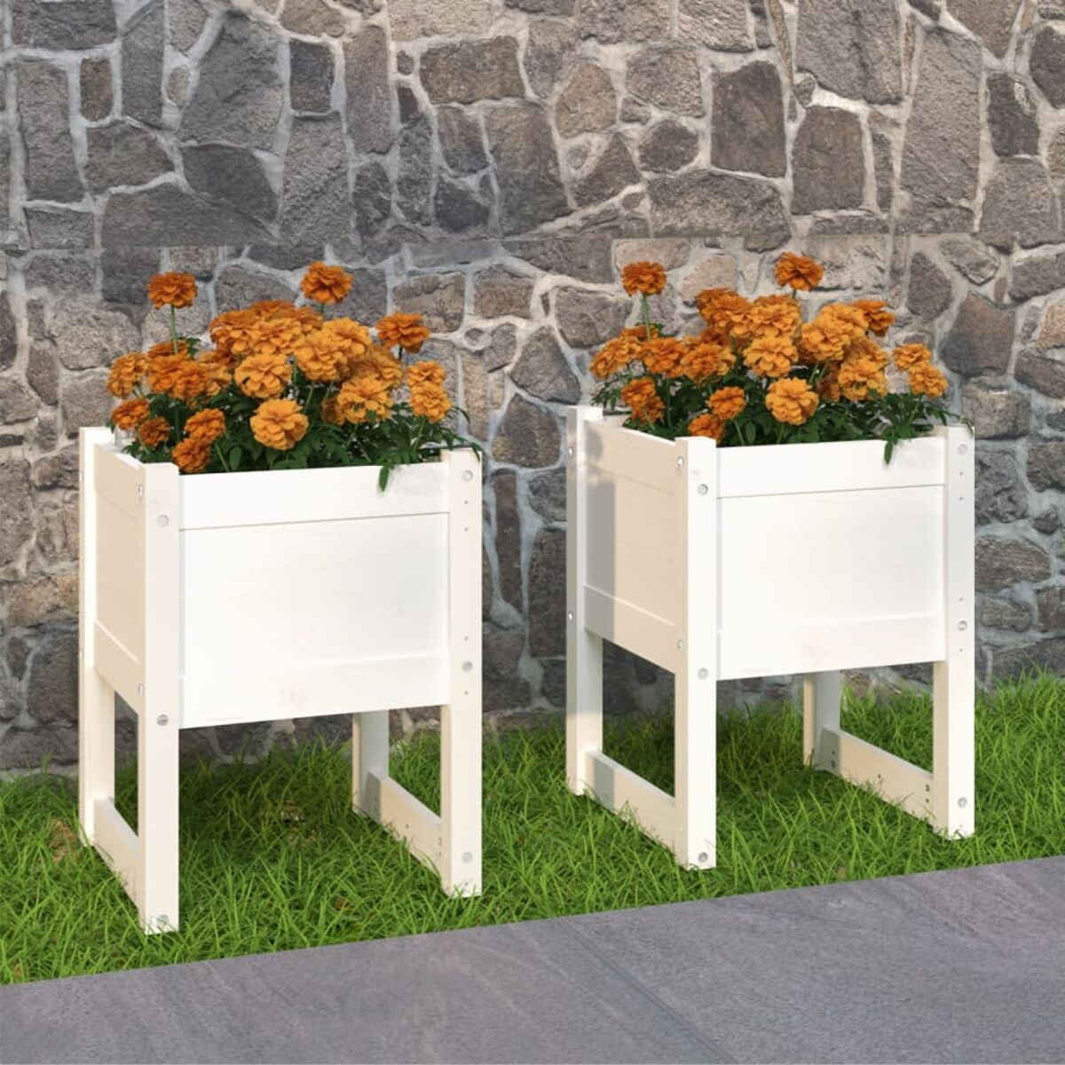 Zwei weiße Pflanzgefäße mit orangefarbenen Blumen vor einer Steinmauer auf Gras.