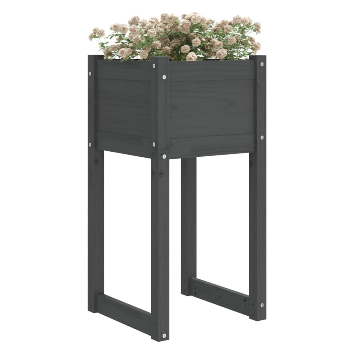 Ein grauer Holzpflanzer mit Blumen. Der Pflanzer steht auf einem Ständer mit vier Beinen.