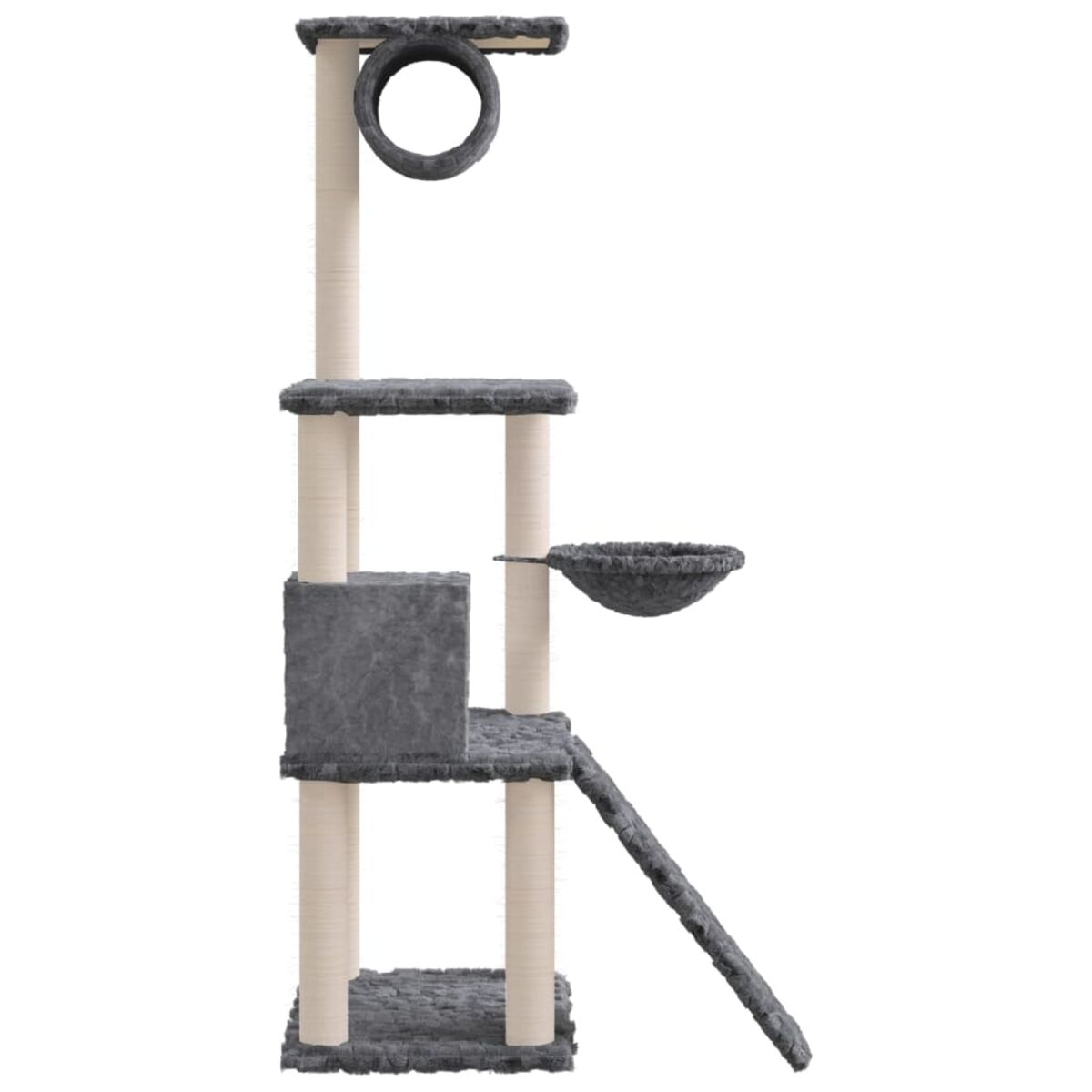 Katzenbaum mit mehreren Ebenen. Er hat eine Hängematte, eine Schüssel und eine Rampe. Weißer Hintergrund.
