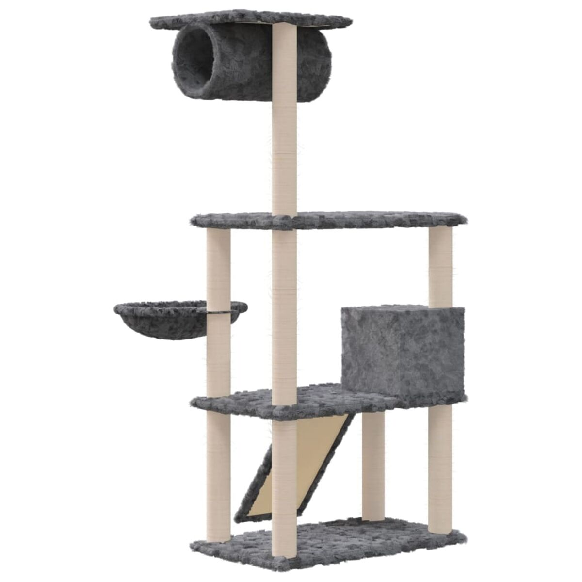 Katzenbaum mit mehreren Ebenen. Er verfügt über einen Tunnel, eine Schüssel, ein Würfelhaus und Plattformen.