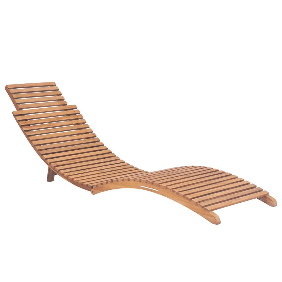 Chaiselongue aus Holz mit Lattenrost, vor weißem Hintergrund.