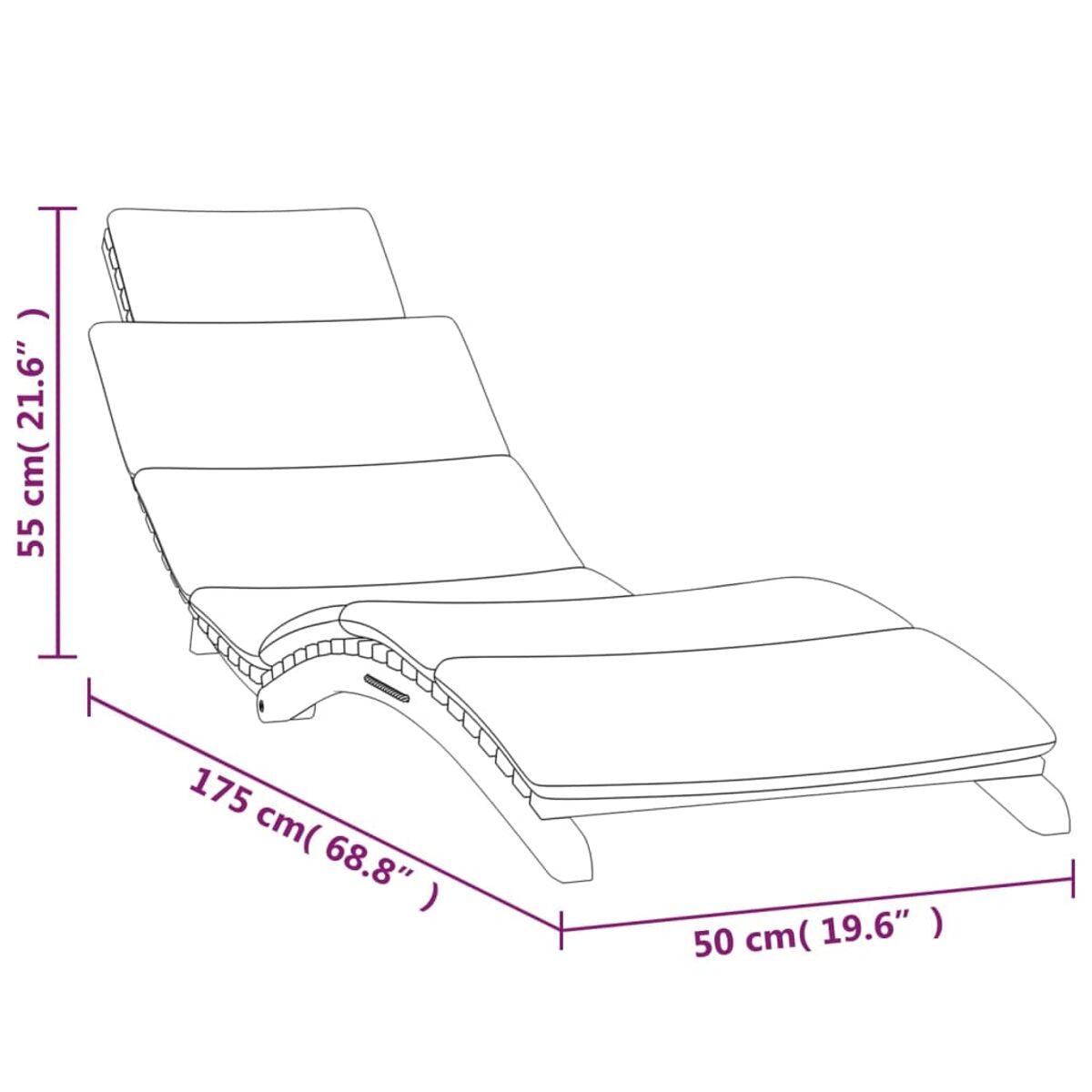 Hölzerne Chaiselongue mit beschrifteten Abmessungen. Sie hat eine geschwungene Form und ein Kissen.