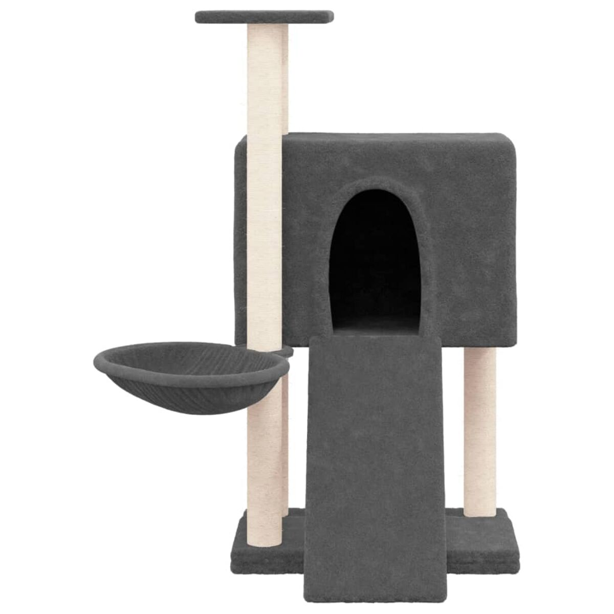 Ein Katzenbaum mit Höhle, Rampe und einer Schüssel oben. Beige und graue Farben.
