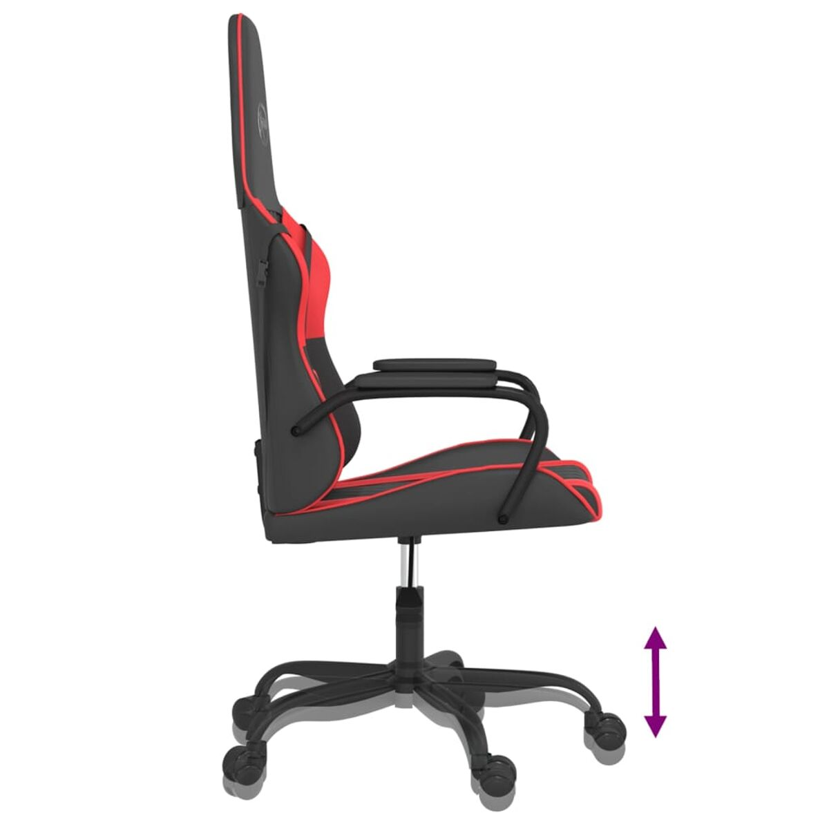 Gaming-Stuhl mit schwarzen und roten Akzenten, Seitenansicht, Höhenverstellung gezeigt.