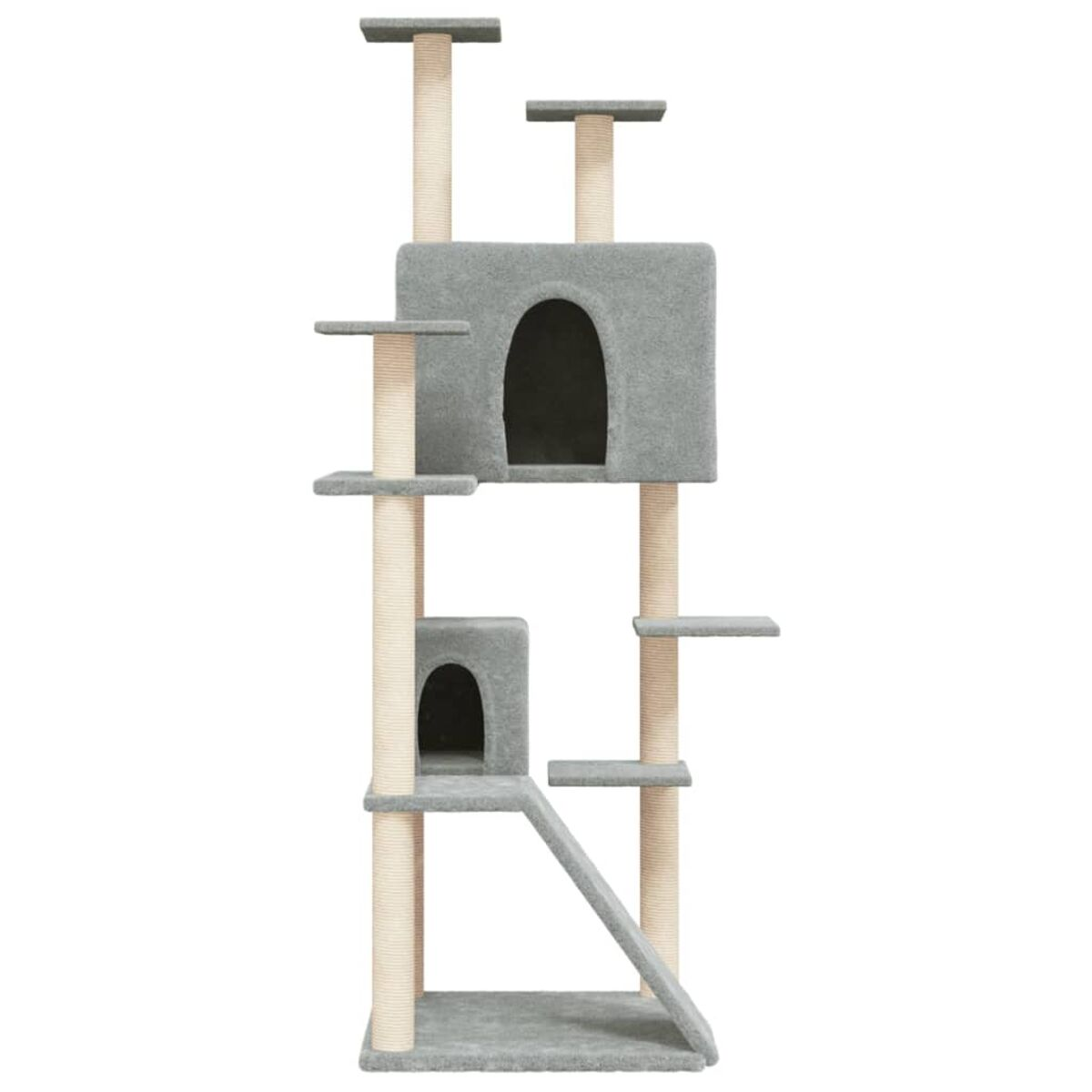 Katzenbaum mit mehreren Plattformen und Kratzbäumen. Graue Oberflächen, hellbeige Pfosten und weißer Hintergrund.