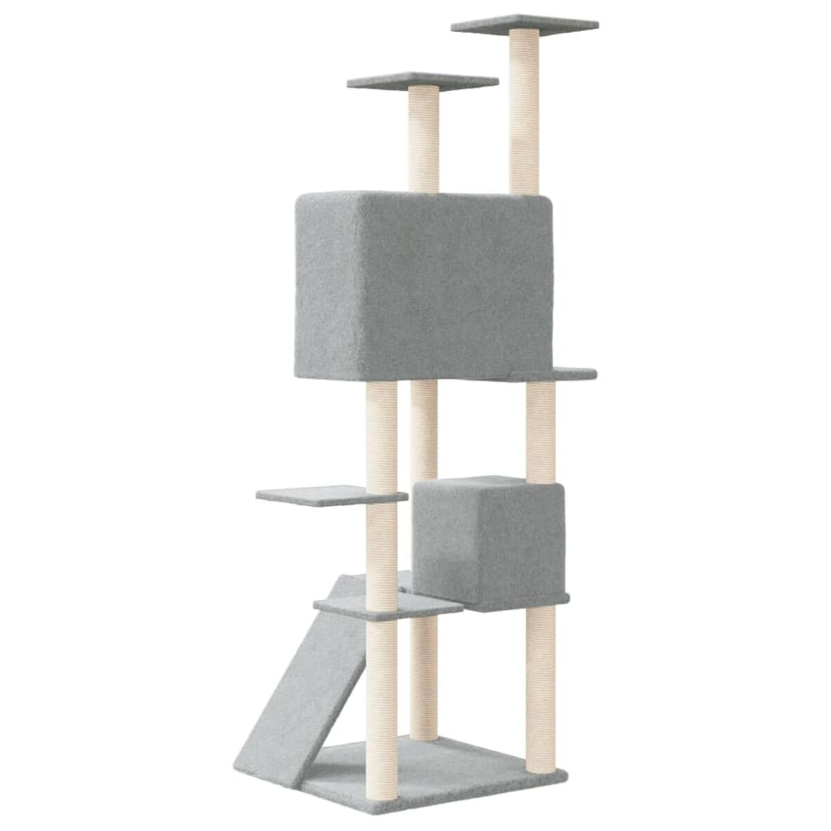 Ein grauer Katzenbaum mit Plattformen, einer Rampe und Kratzbäumen, vor weißem Hintergrund.