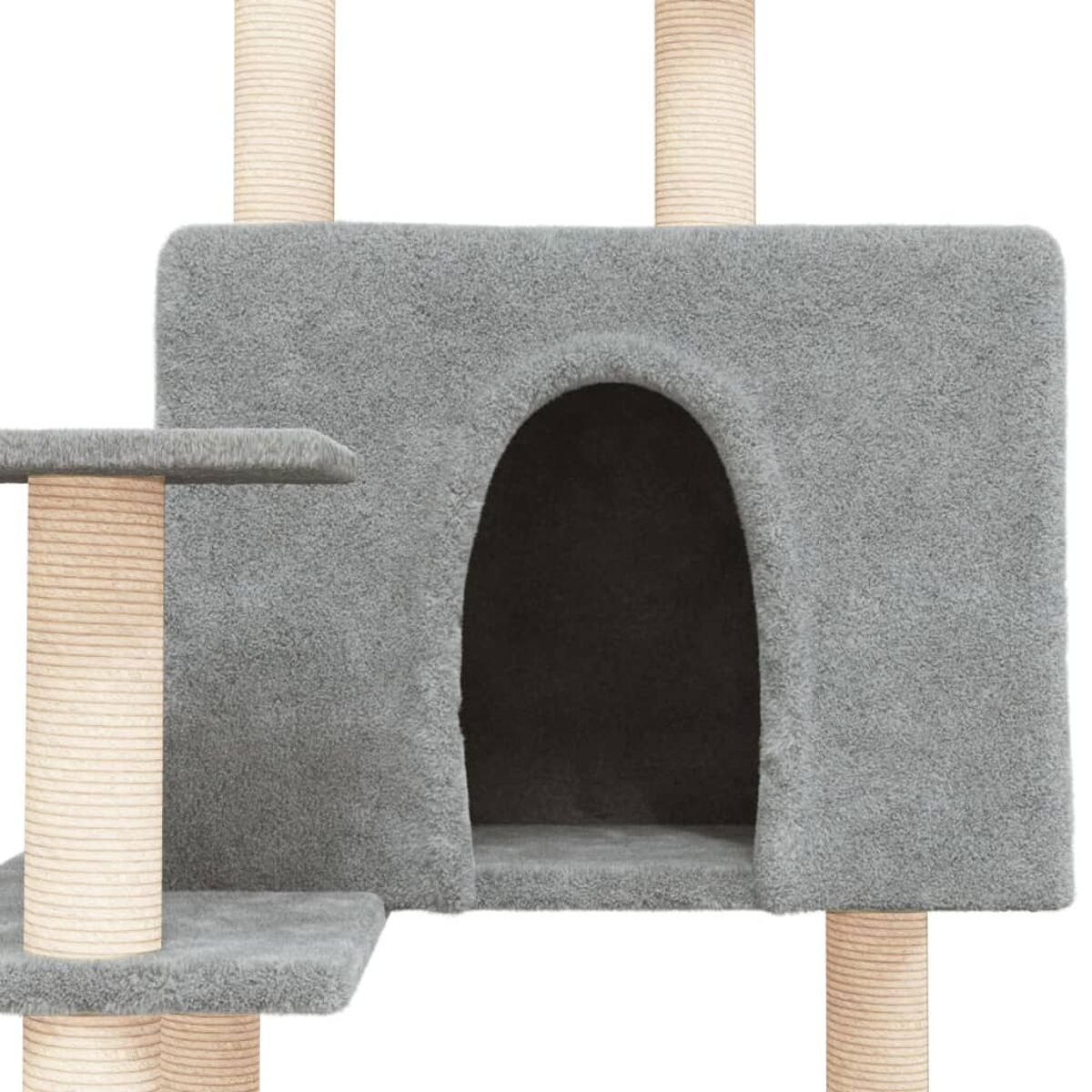 Grauer Katzenbaum mit Höhle und mehreren Plattformen.