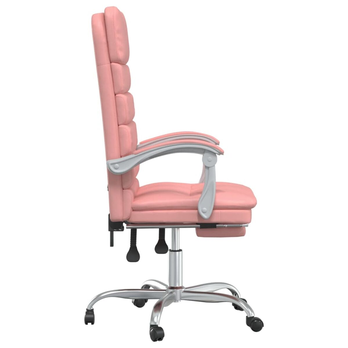 Pinker Bürostuhl mit hohem Rücken, Chrombeinen und Rollen. Der Stuhl ist leer.