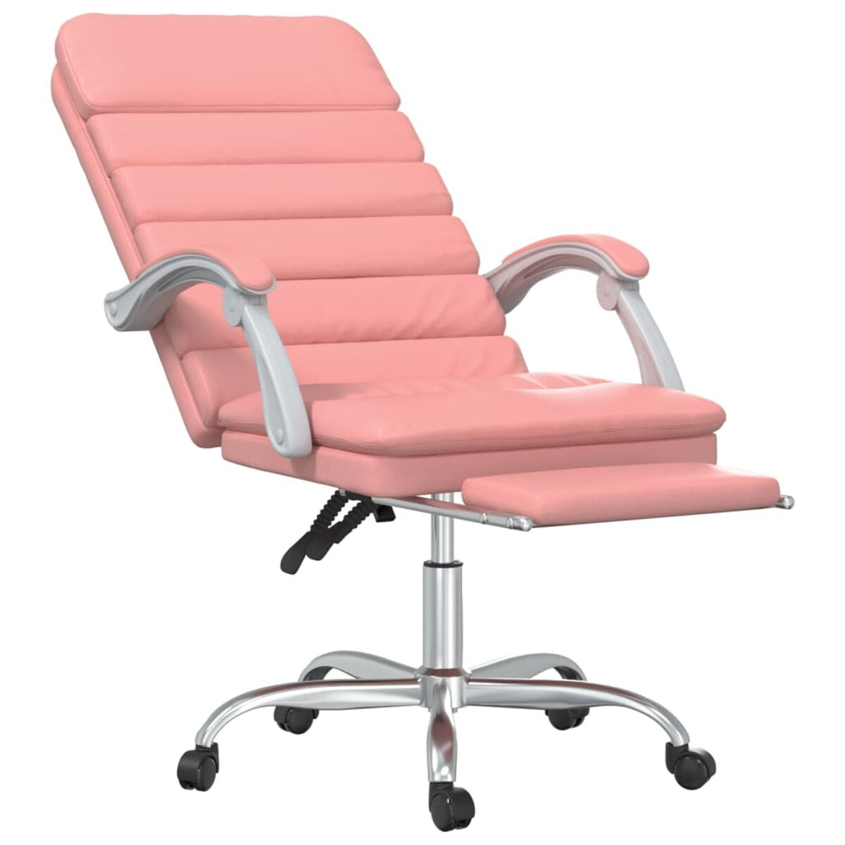 Rosa Leder-Liegesessel mit Fußstütze und silbernen Beinen. Weißer Hintergrund.