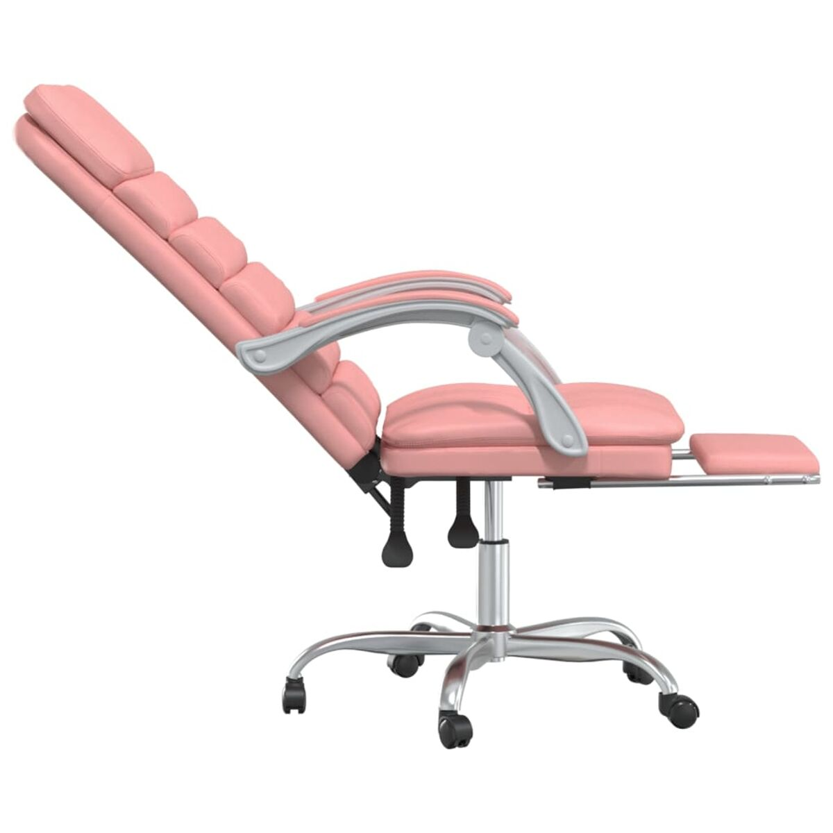 Rosa Relax-Bürostuhl mit silbernem Rahmen und Rollen. Der Stuhl ist verlängert.