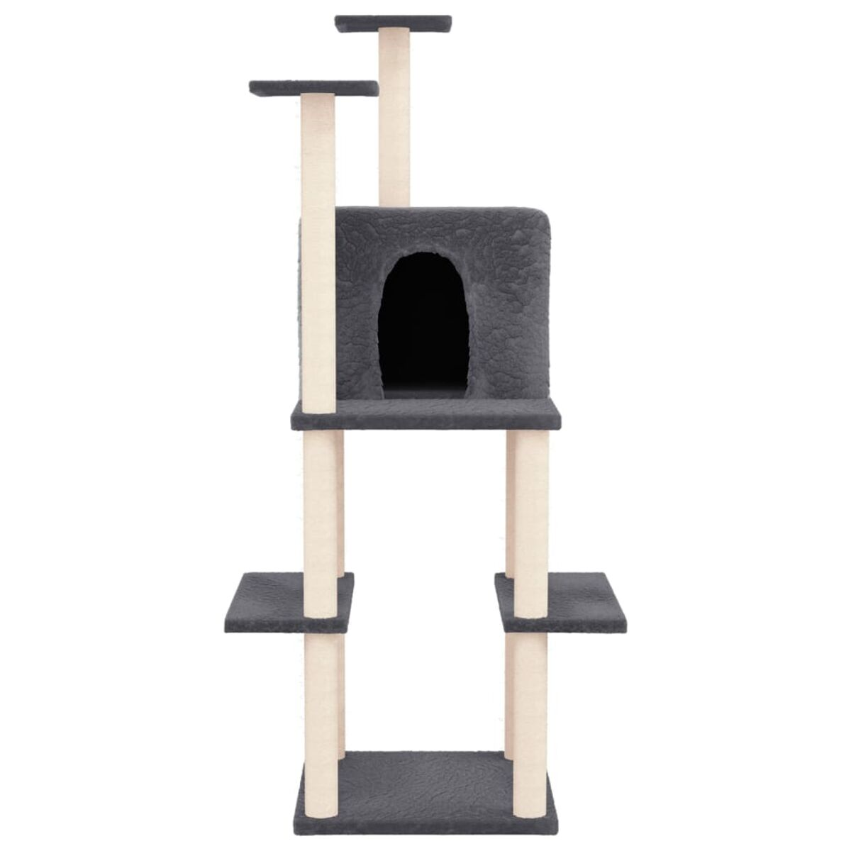 Mehrstöckiger Katzenbaum mit grauen Plüschflächen und beigen Pfosten.