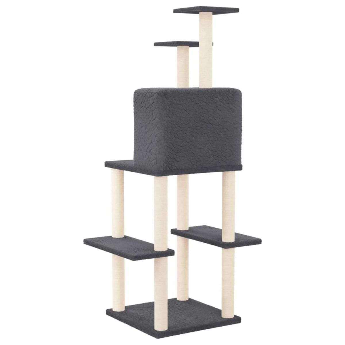 Ein mehrstöckiger Katzenbaum mit Plattformen, einer Box und Kratzbäumen, weißer Hintergrund.