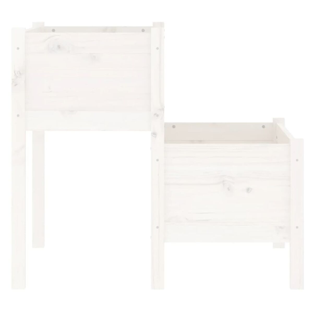 Weißer Holzpflanzer, zweistufig mit Beinen und offenem Design für Pflanzen.