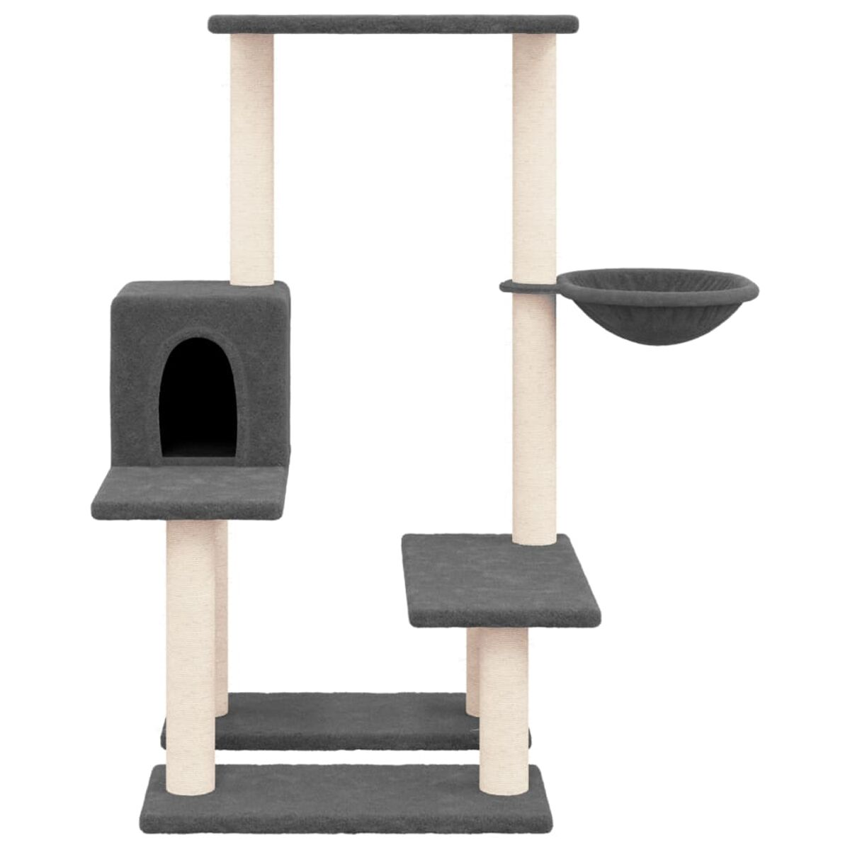 Katzenbaum mit mehreren Ebenen, Plattformen und einer Höhle, in Grau- und Beigetönen.