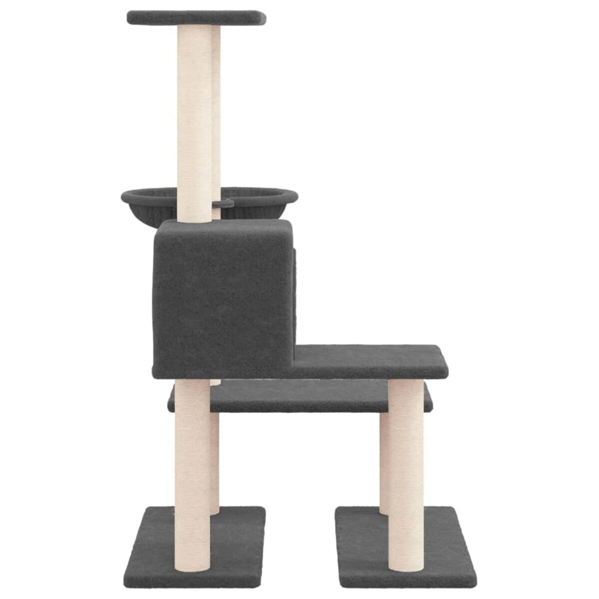 Grauer Katzenbaum mit mehreren Plattformen und einem Sitzplatz, isoliert.