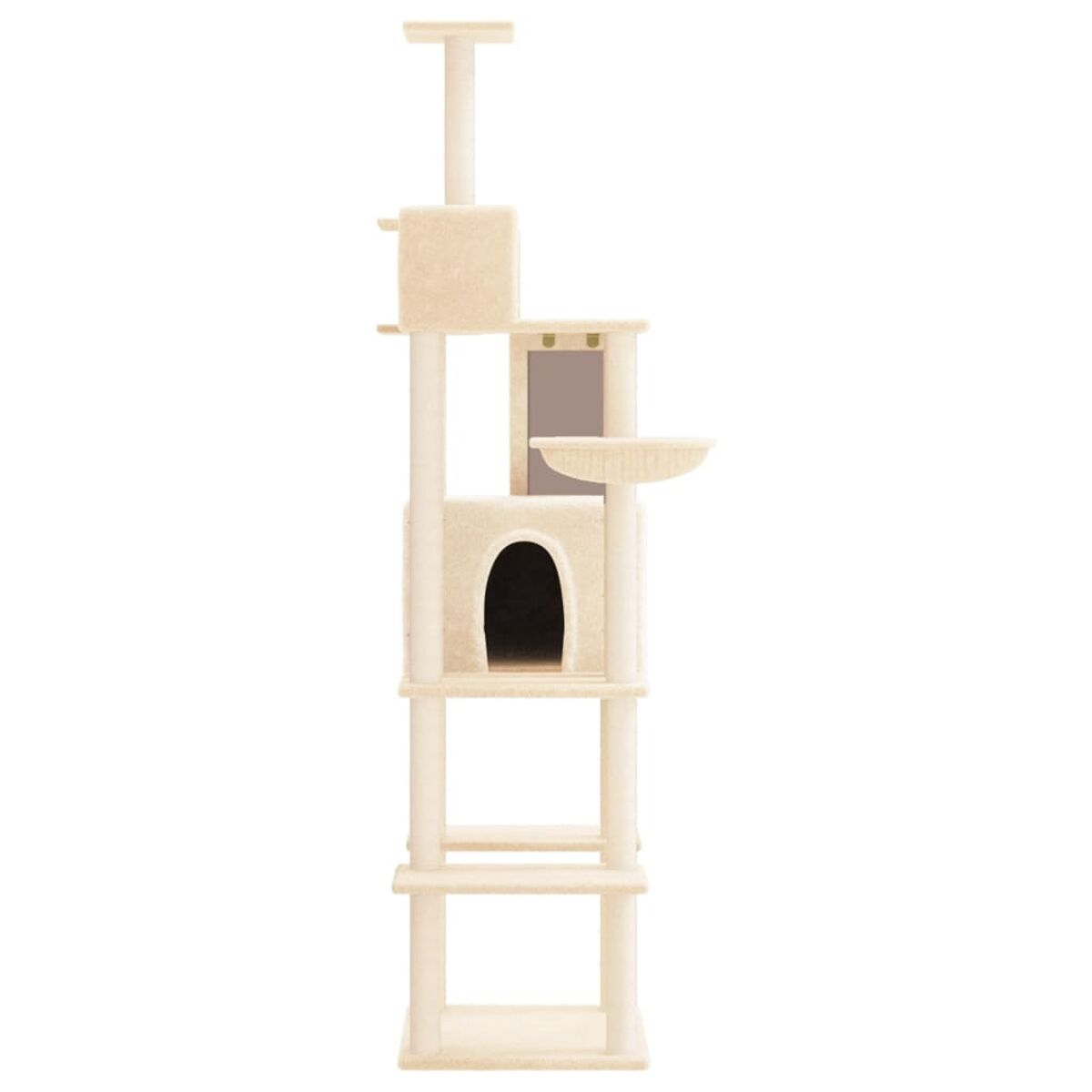Beiger Katzenbaum mit mehreren Ebenen, einem Katzenhaus, einer Hängematte und Plattformen zum Klettern.