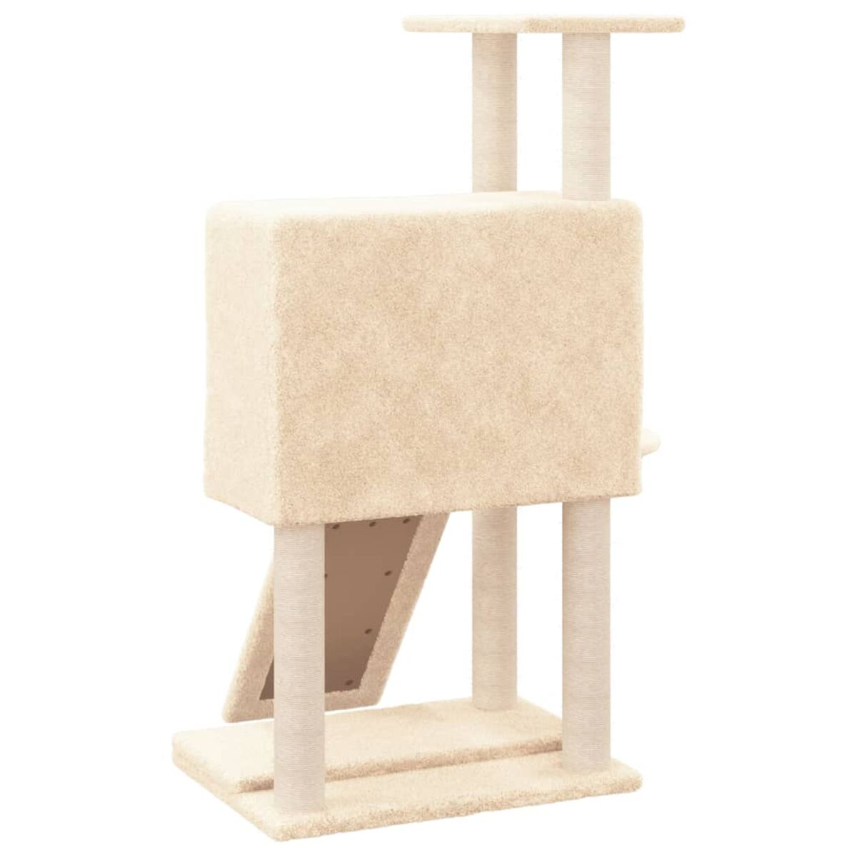 Beiger Katzenbaum mit Kratzbäumen, Plattformen und einem oberen Sitzplatz.