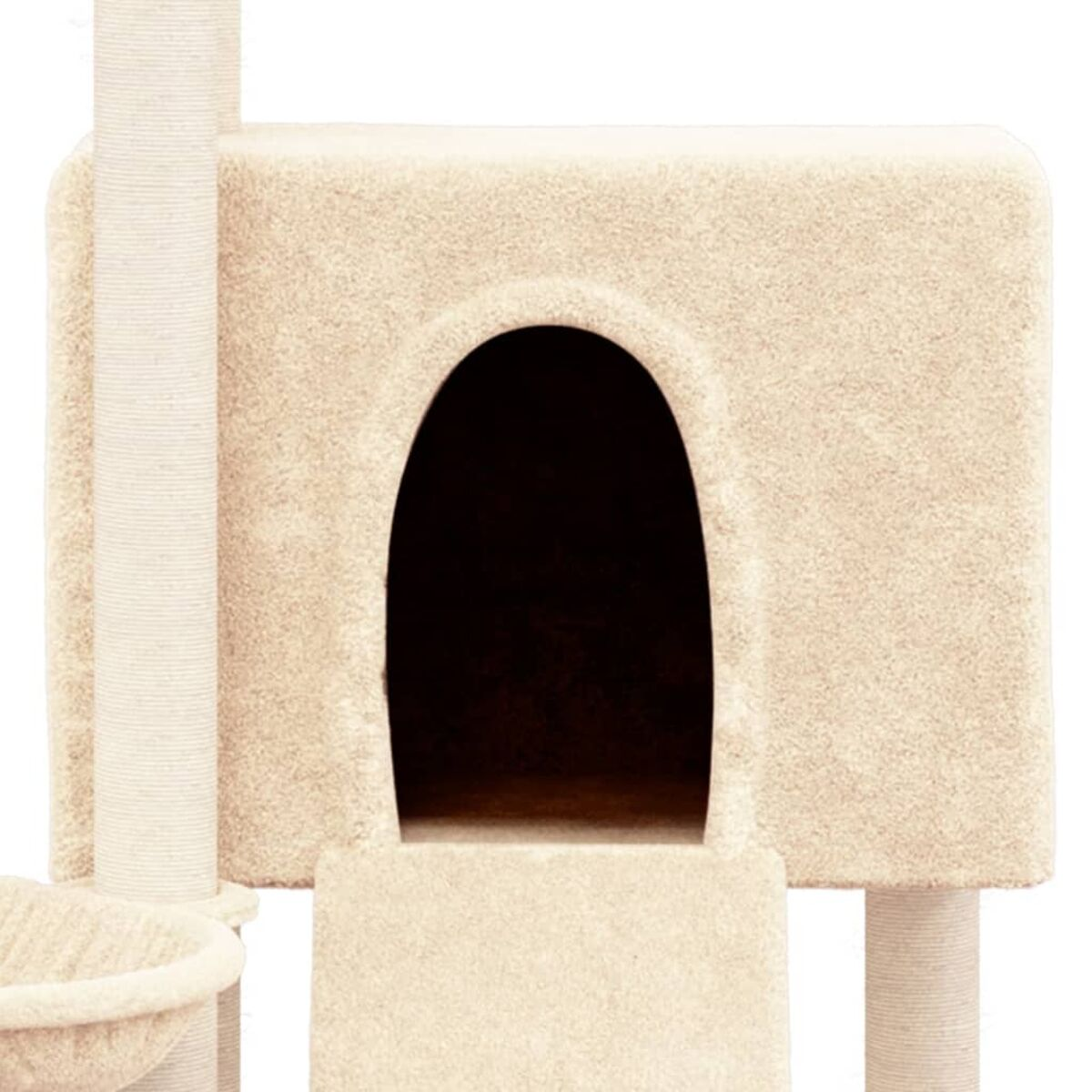 Beiger Katzenbaum mit Höhle, Kratzbaum und Plattform, vor weißem Hintergrund.