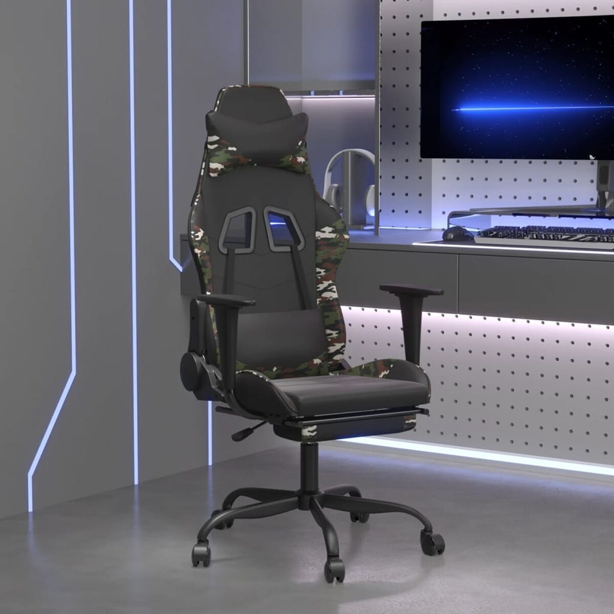 Gaming-Stuhl mit Tarnmuster, schwarzem Fuß, in einem Raum mit Lichtern.