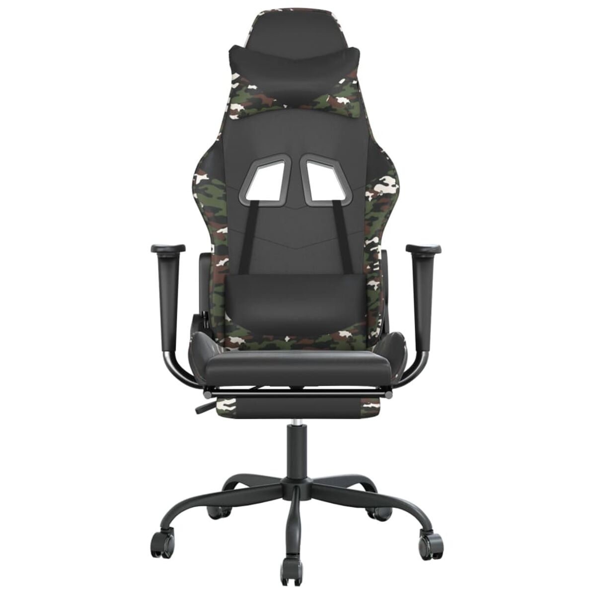 Gaming-Stuhl mit Camouflage-Muster, schwarz und grün, mit hohem Rücken und Armlehnen.