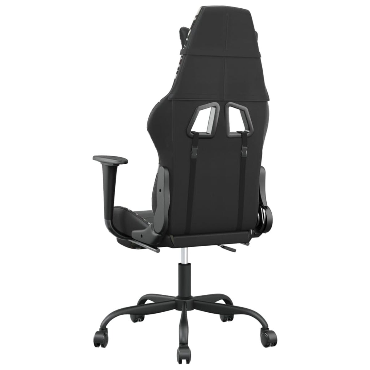 Rückansicht eines schwarzen Gaming-Stuhls mit Rollen und Armlehnen.