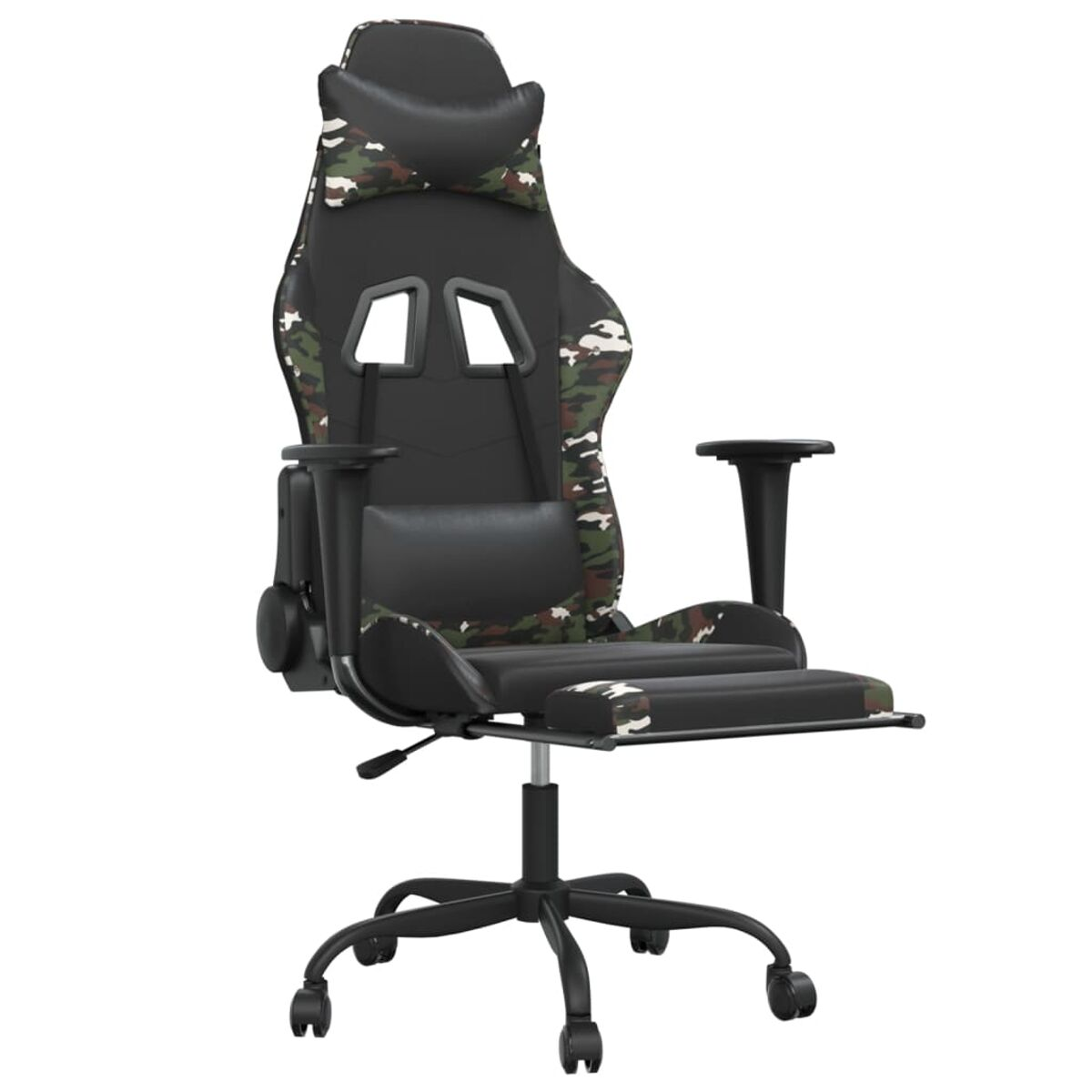 Gaming-Stuhl mit schwarzem und Camouflage-Muster. Er hat eine Fußstütze und Armlehnen.