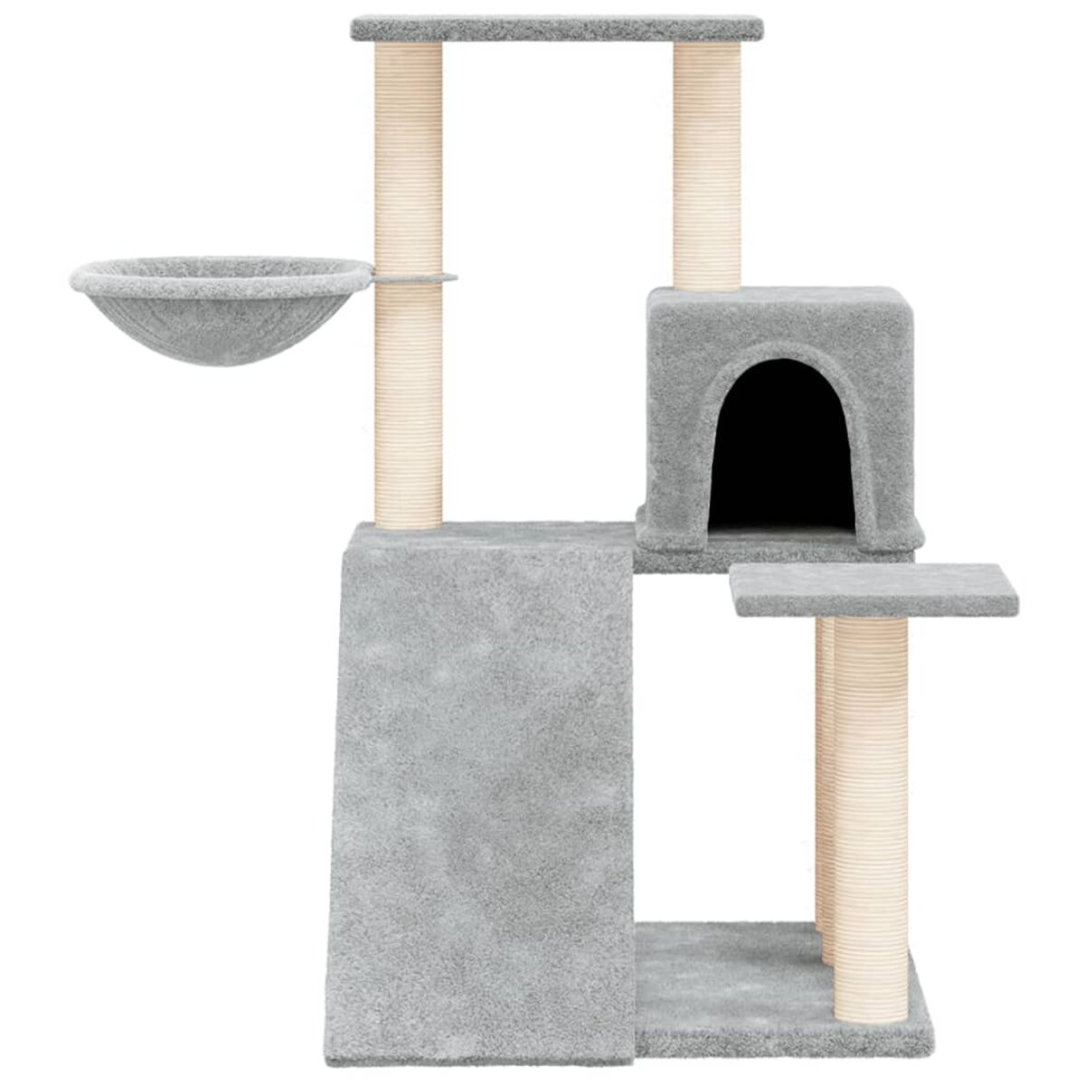 Ein mehrstöckiger Katzenturm mit Bett, Höhle, Kratzbäumen und Plattform.