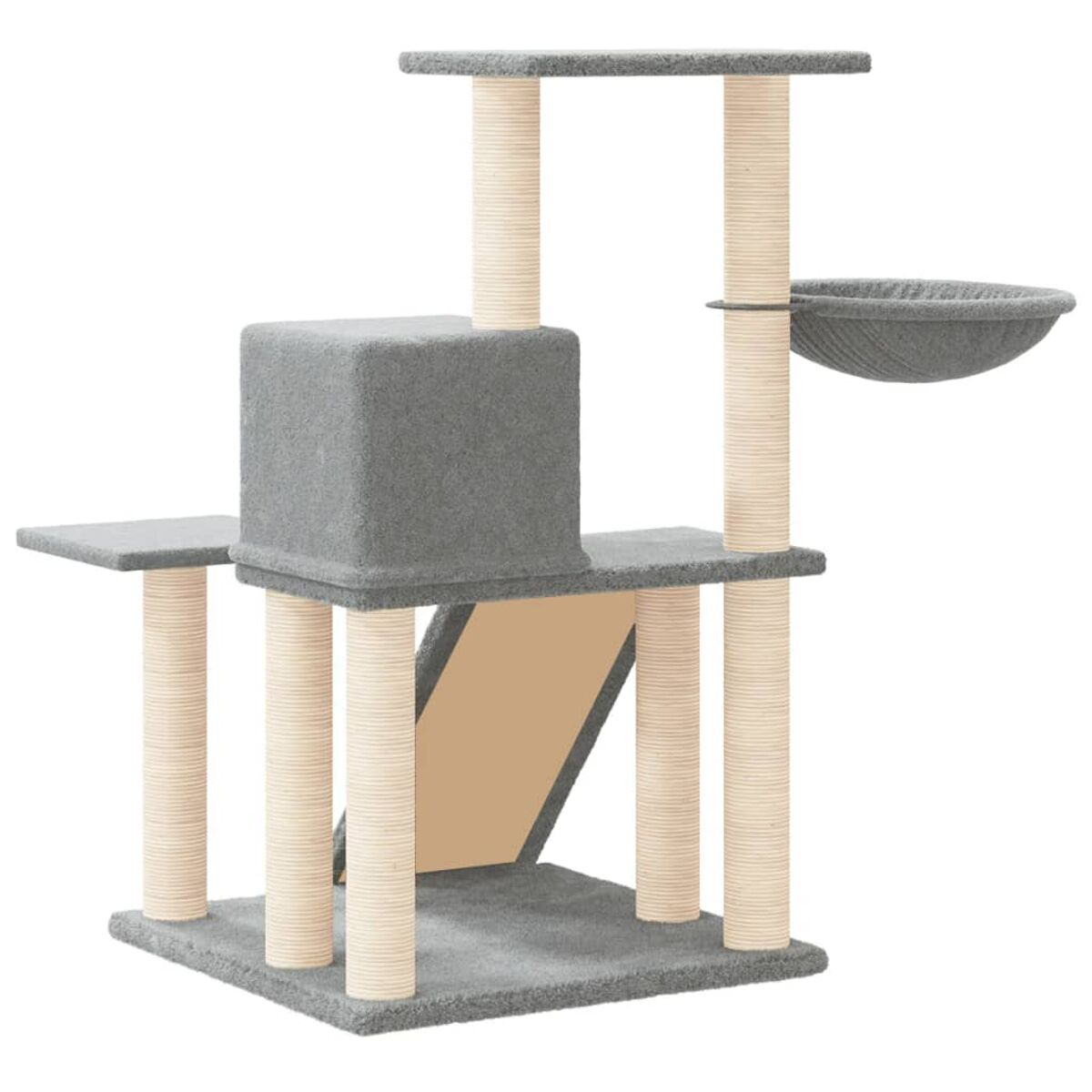 Kratzbaum mit mehreren Ebenen, Kratzbäumen und einem Korb. Grau und Beige.