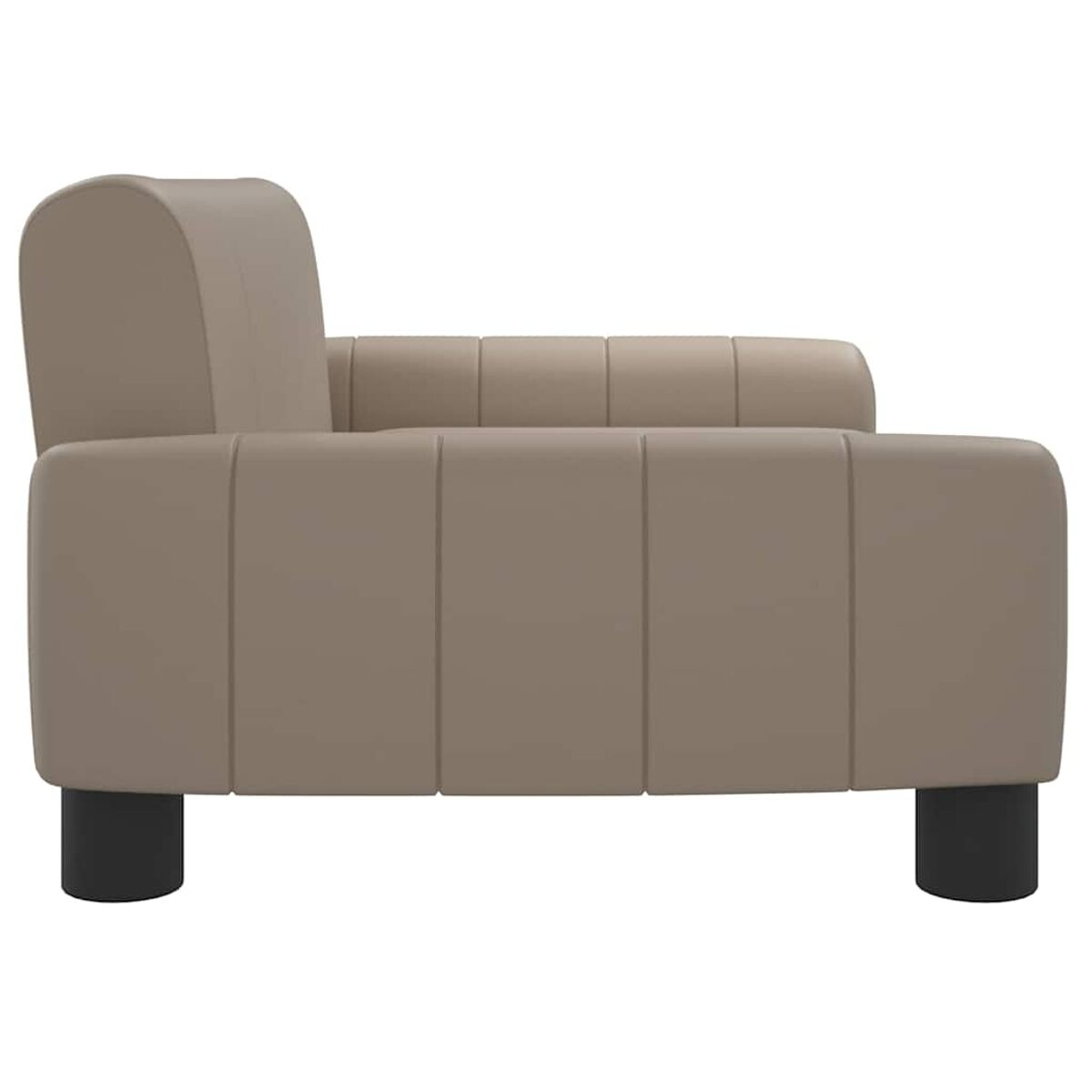 Seitenansicht eines hellbraunen Sofas mit schwarzen Beinen. Es hat ein modernes Design.