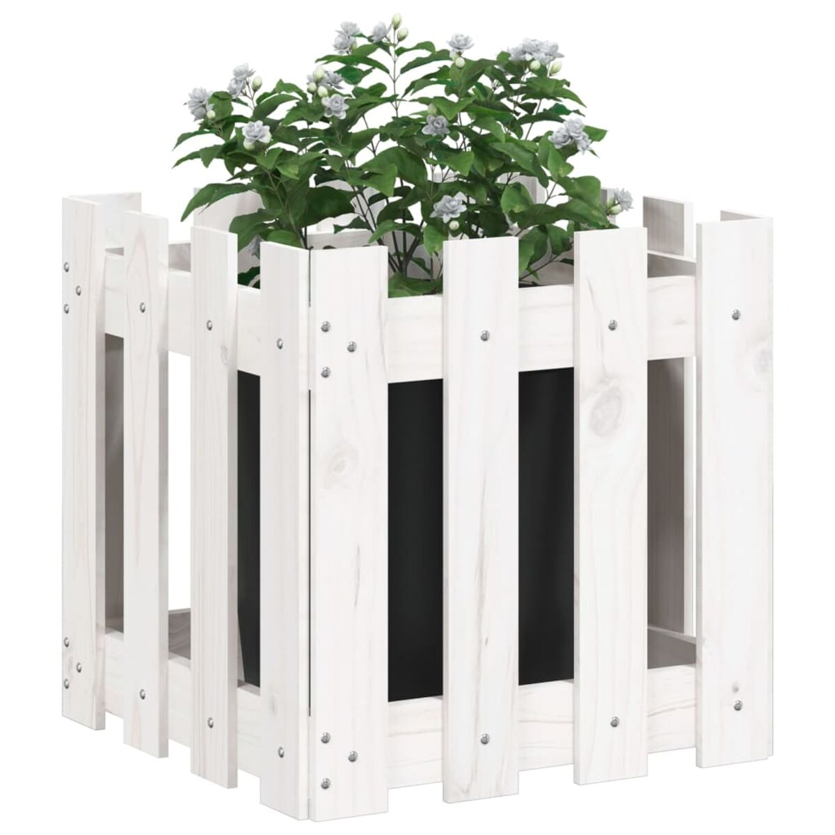 Ein weißer Holzpflanzer mit weißen Blumen. Der Pflanzer ist quadratisch.