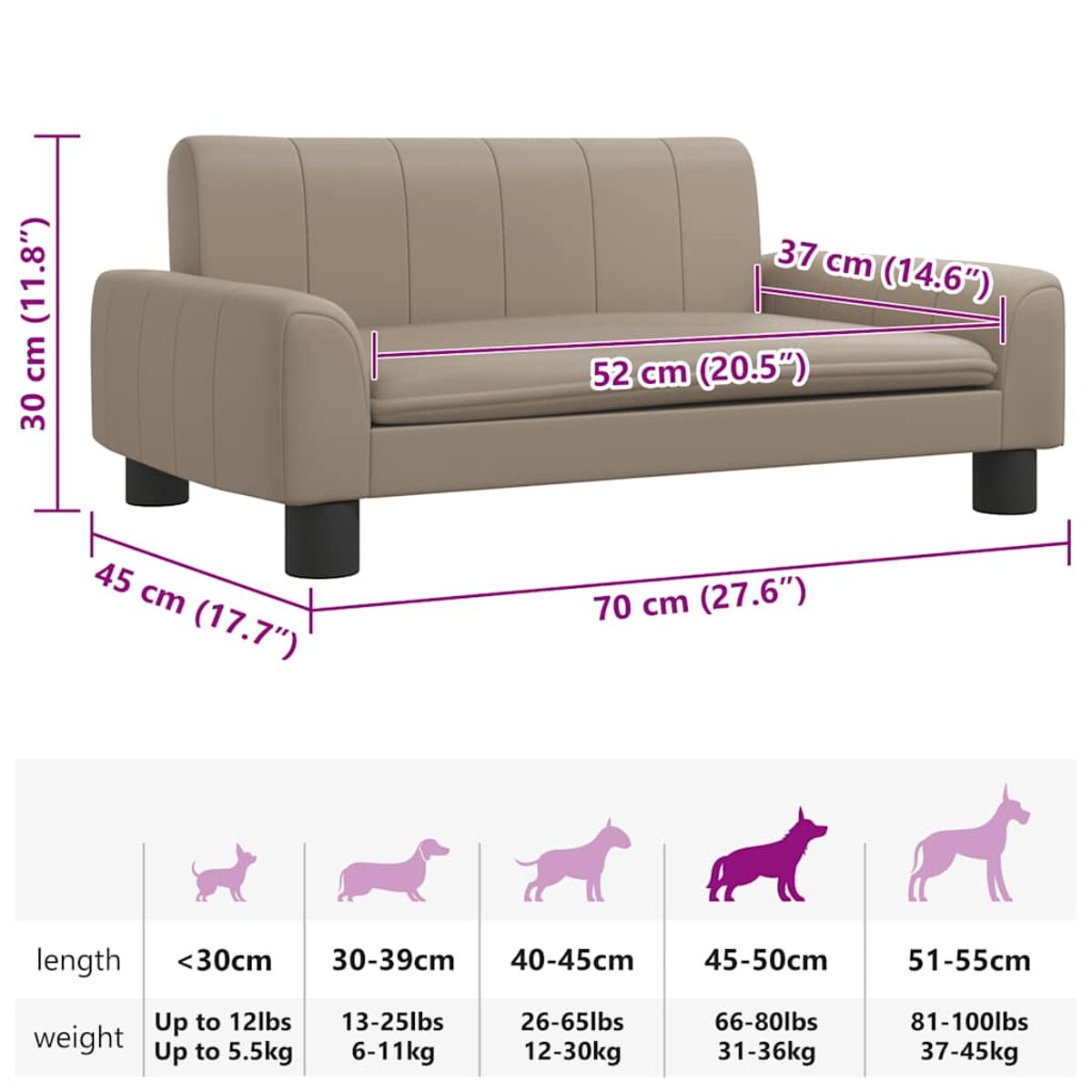 Beiges Sofa mit Abmessungen und einer Tabelle mit geeigneten Hundegrößen.