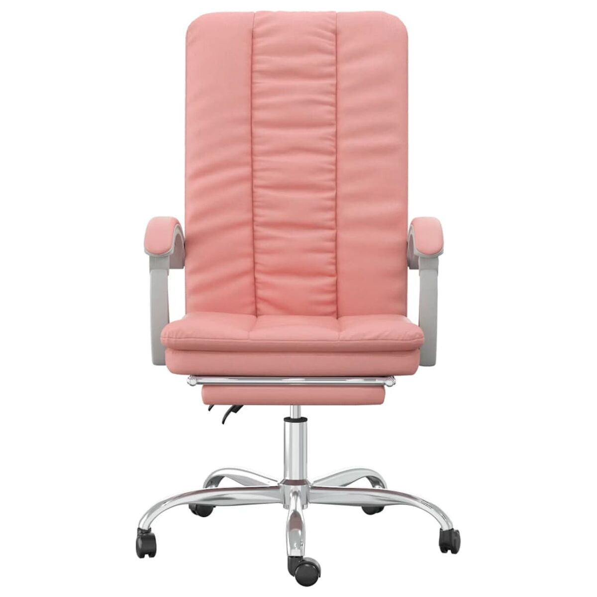 Rosa Bürostuhl mit hohem Rücken, Armlehnen und einem Chromgestell mit Rollen.